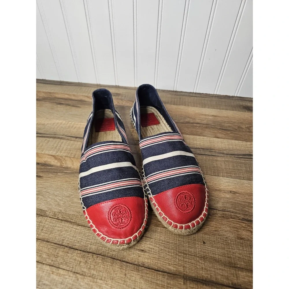 Tory Burch Red Blue White Stripe Cap Toe Leather Espadrilles 10.5 Nautical